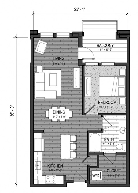 Floor plan for 1 bed, 1 bath, 744 sqft